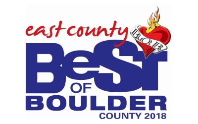 A blue and red logo for the east county best of boulder